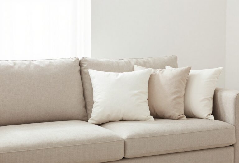 A clean, spotless beige couch in a bright living room with soft pillows and natural light.