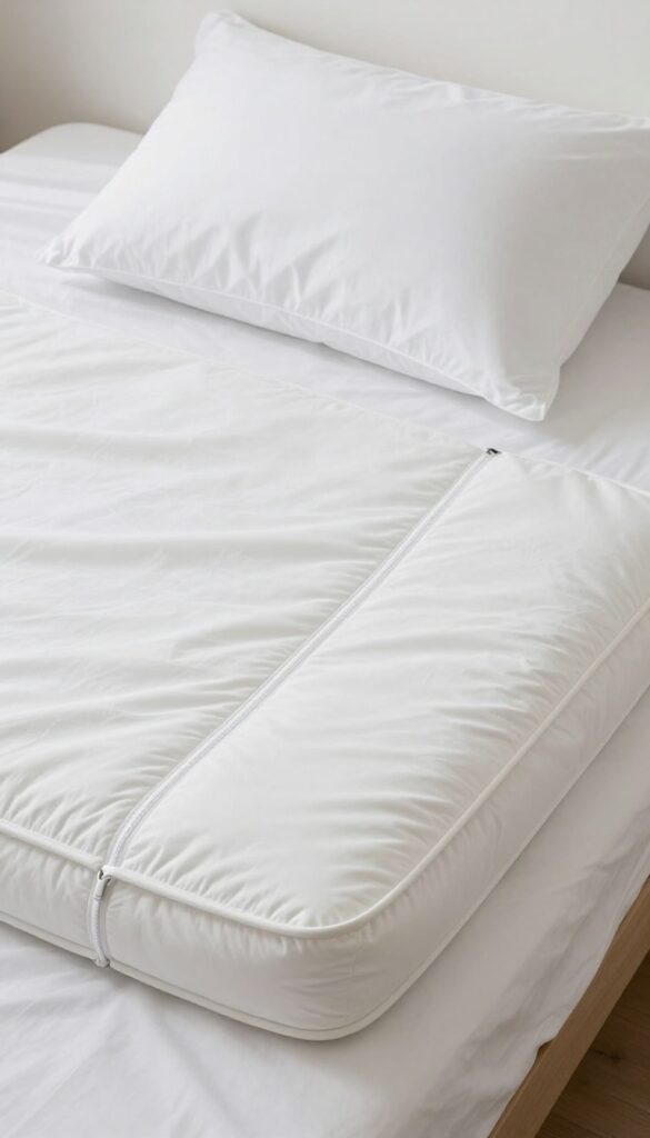 A clean white bed with a mattress encasement being zipped shut, bright natural light, photorealistic, home cleaning inspiration.
