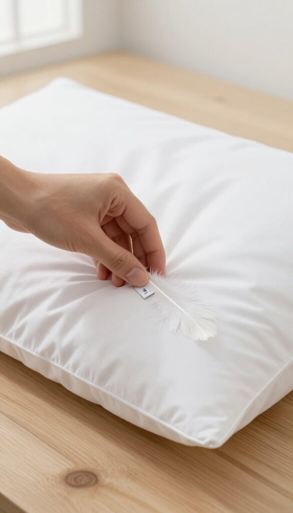 Person checking the care label on a feather pillow