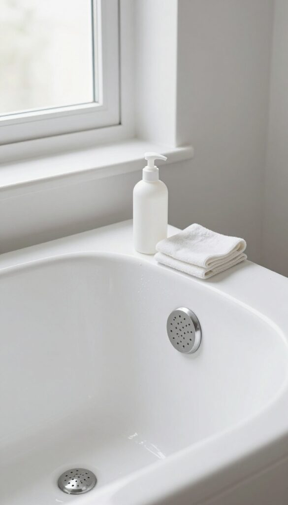 Clean bathtub jets with vinegar bottle and cloth on edge, bright natural light, minimalist bathroom
