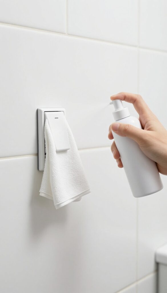 Disinfecting high-touch bathroom surfaces like light switches and door handles with spray and cloth