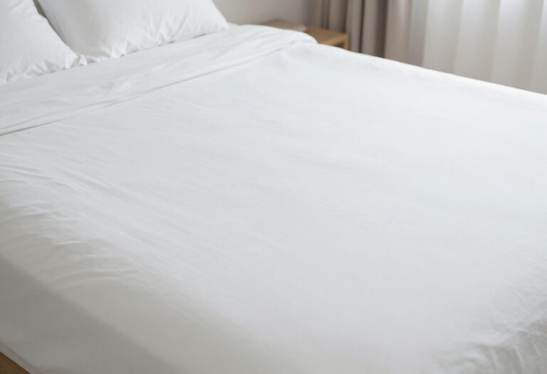 A clean bed mattress with fresh white sheets and pillows in a bright bedroom
