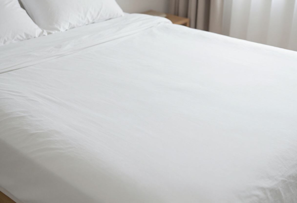 A clean bed mattress with fresh white sheets and pillows in a bright bedroom