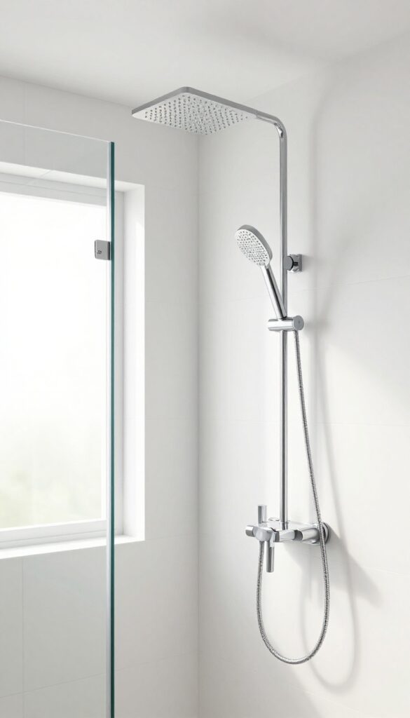 Dual shower head system with overhead rain shower and handheld unit on slide bar in modern bathroom