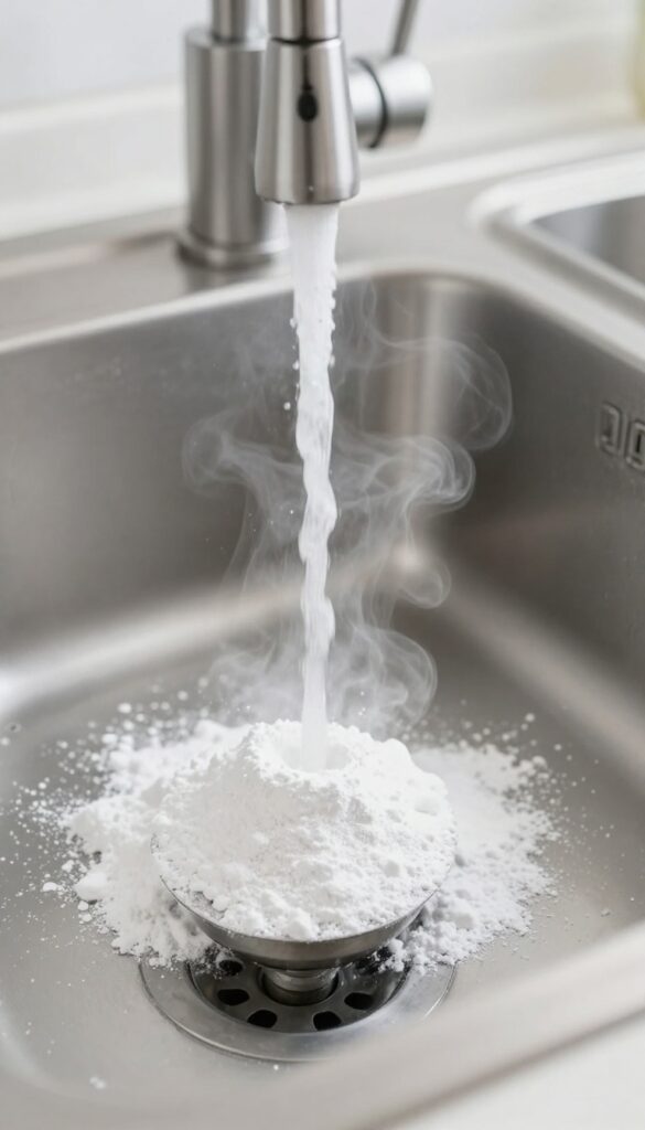 Pouring baking soda into a kitchen sink drain for deodorizing