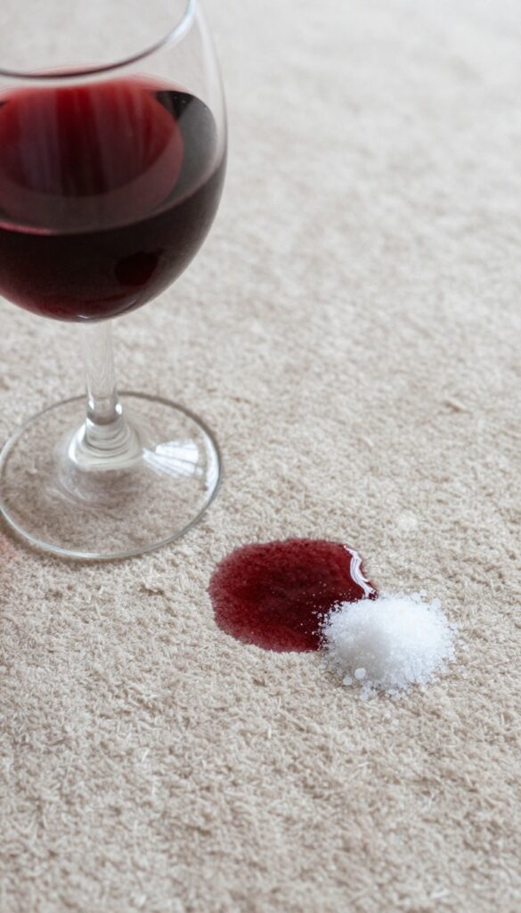 Red wine stain on carpet with club soda and salt nearby