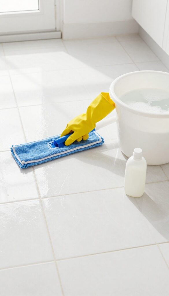 Kitchen floor cleaning with dish soap and vinegar, mop and bucket on clean tile