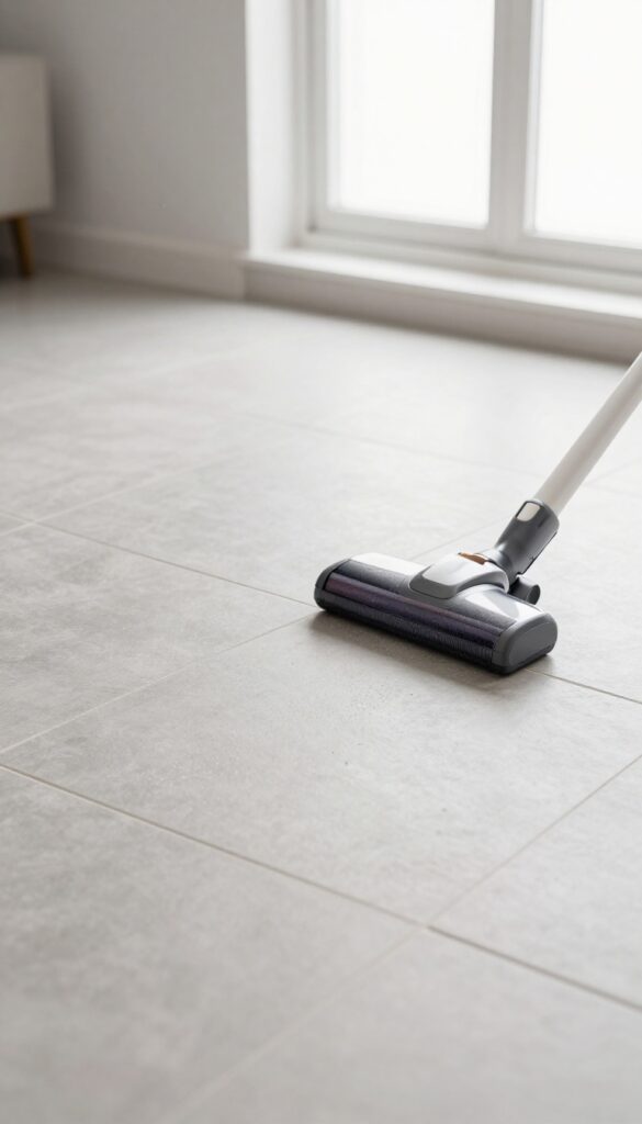 A vacuum with a brush attachment on a tile floor ready to clean grout lines.