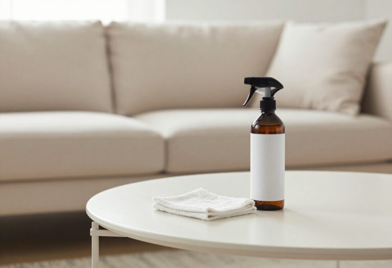 A clean beige couch in a bright living room with cleaning supplies on the coffee table.