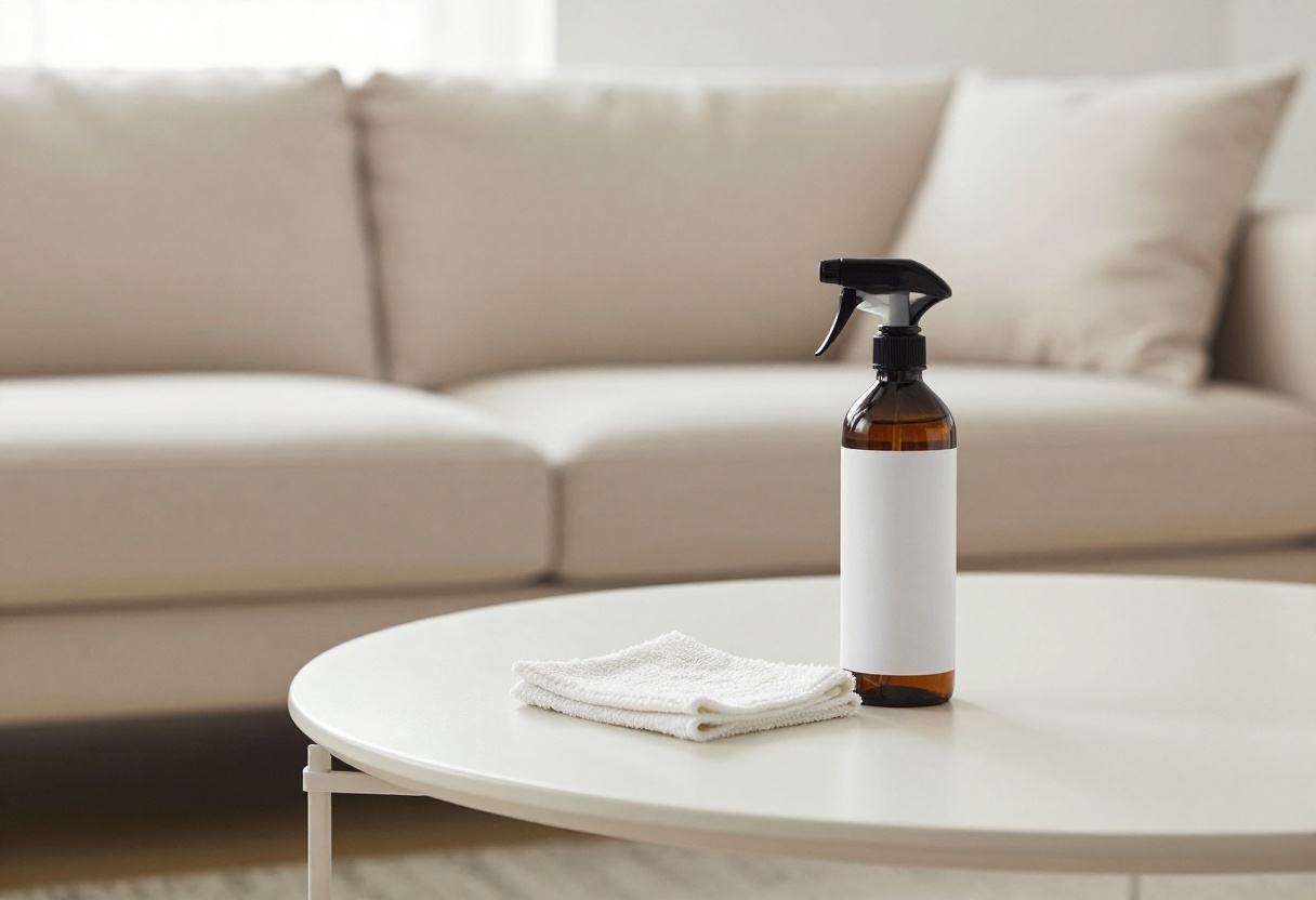A clean beige couch in a bright living room with cleaning supplies on the coffee table.