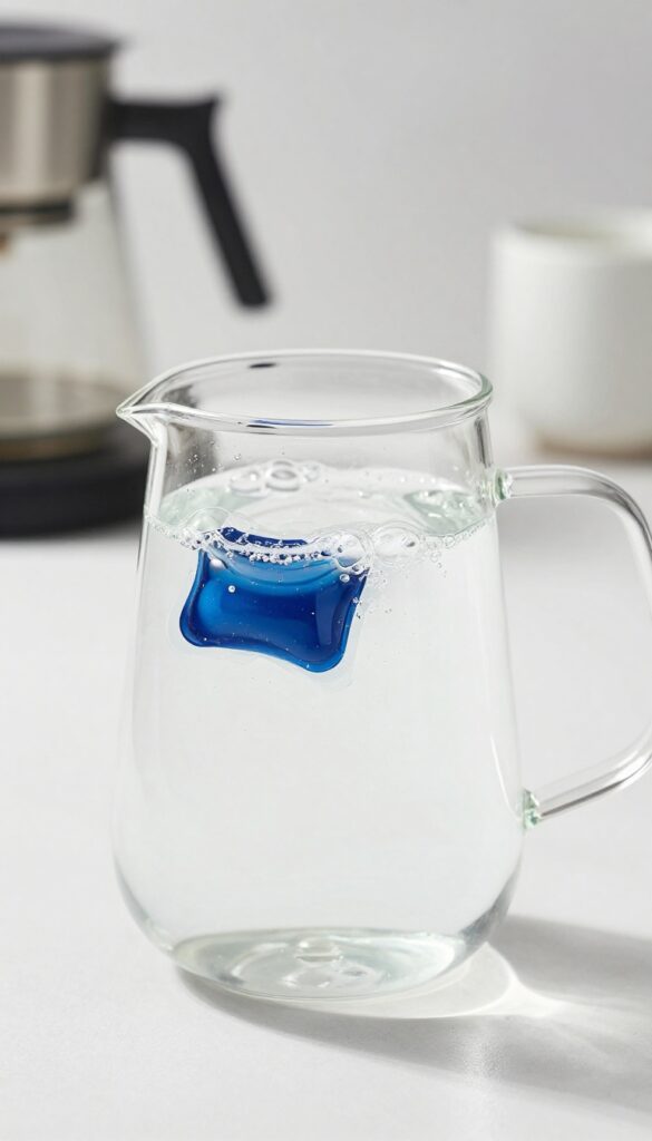 Dishwasher pod dissolving in a glass coffee carafe with hot water to remove stubborn stains.