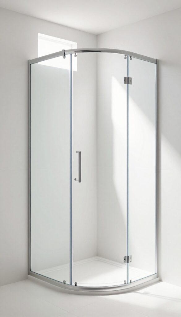 Curved glass shower enclosure in a bright modern bathroom