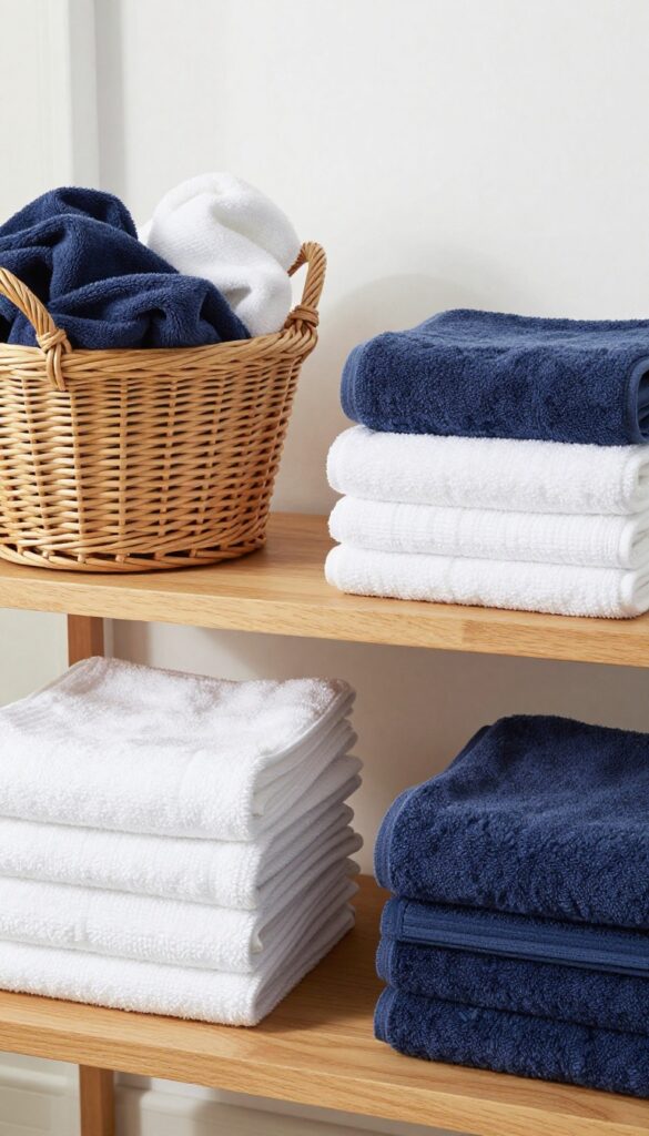 Three laundry baskets for sorting towels by color and fabric type: dark, white, and microfiber.