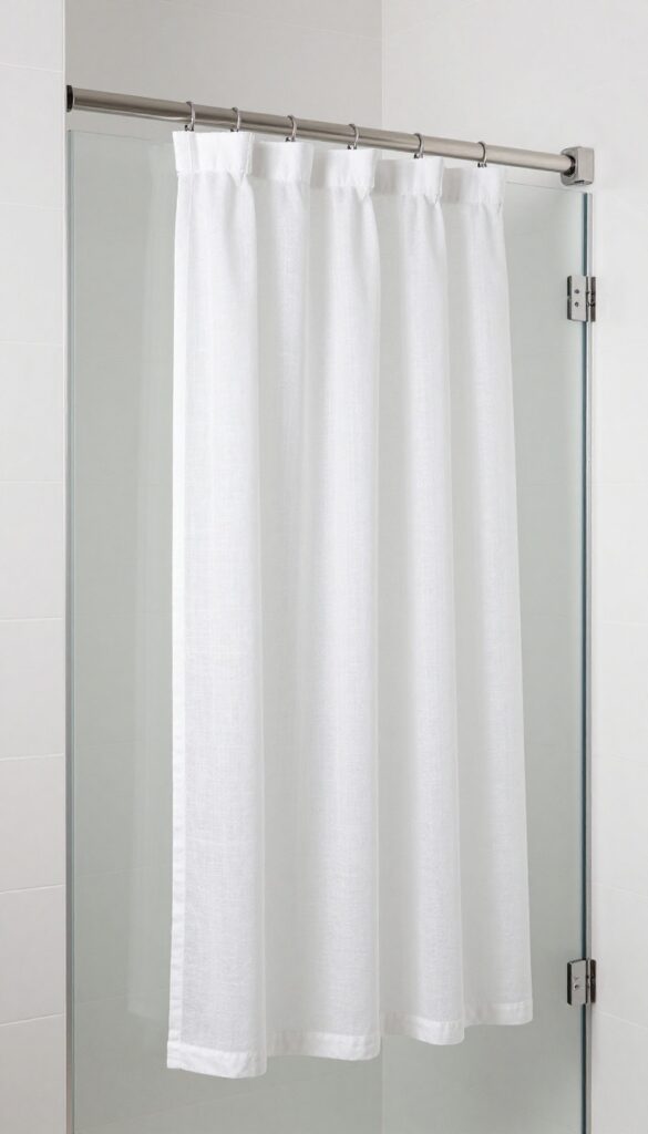 Velcro strip curtain attached to glass shower door for privacy, lightweight linen fabric, bright natural light, modern bathroom