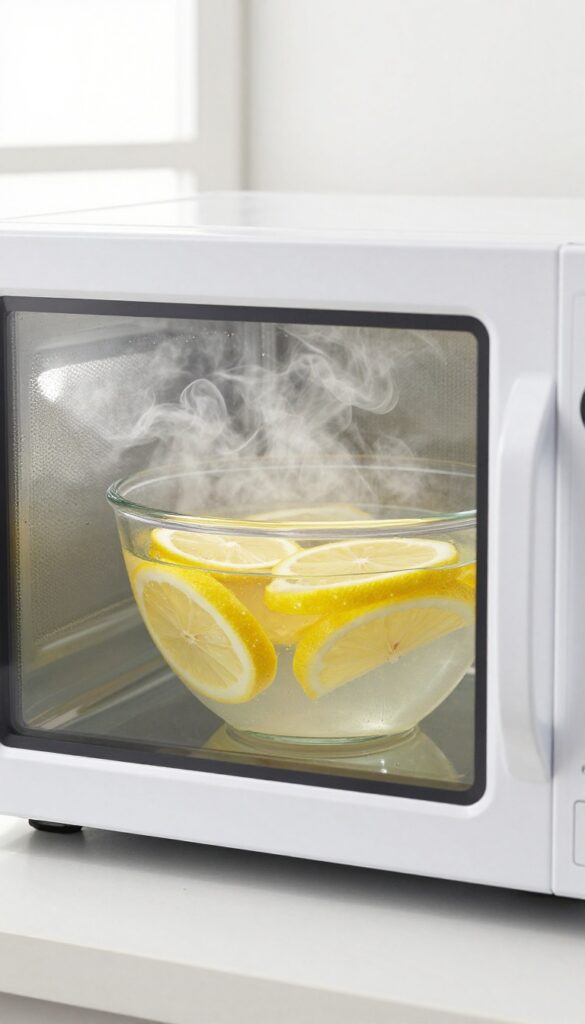 Steam cleaning microwave with lemon slices in a bowl of water