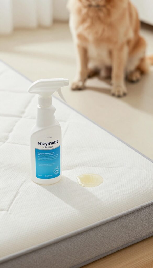 Enzyme cleaner spray bottle on mattress with pet in background