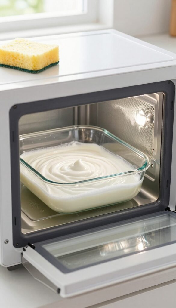 Close-up of microwave interior with vinegar and baking soda paste on stubborn stains, sponge nearby, bright natural light.