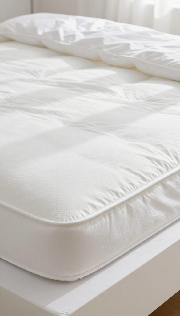 White bed with waterproof mattress protector, clean and bright, protecting against spills and stains.