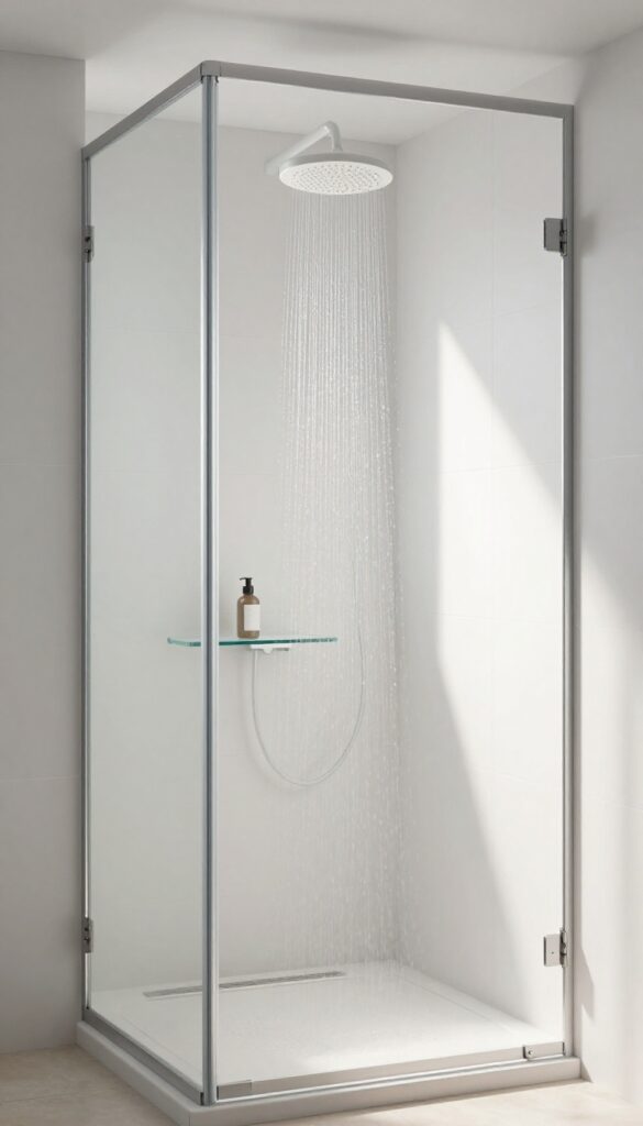 Small shower room with clear glass door, bright natural light, clean white tiles, minimalist design, spacious feel