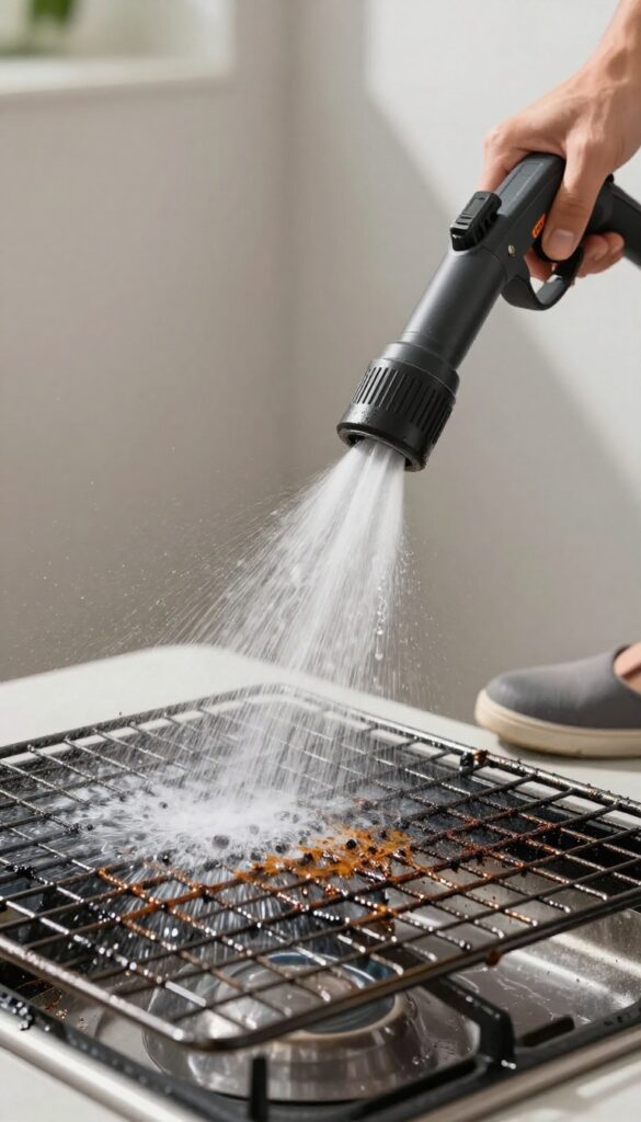 Person pressure washing a greasy oven rack outdoors with safety gear