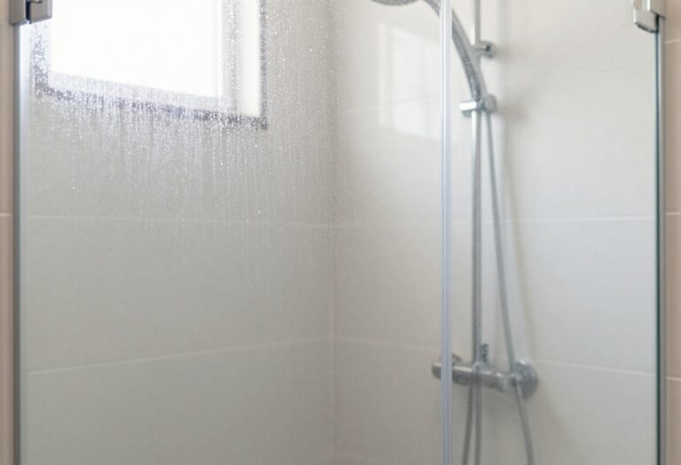 Sparkling clean glass shower door with water beads