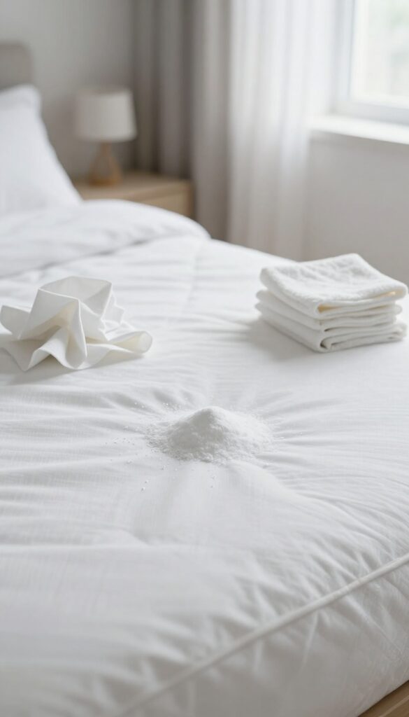 Blotting fresh urine stain on a mattress with paper towels and sprinkling baking soda for odor removal