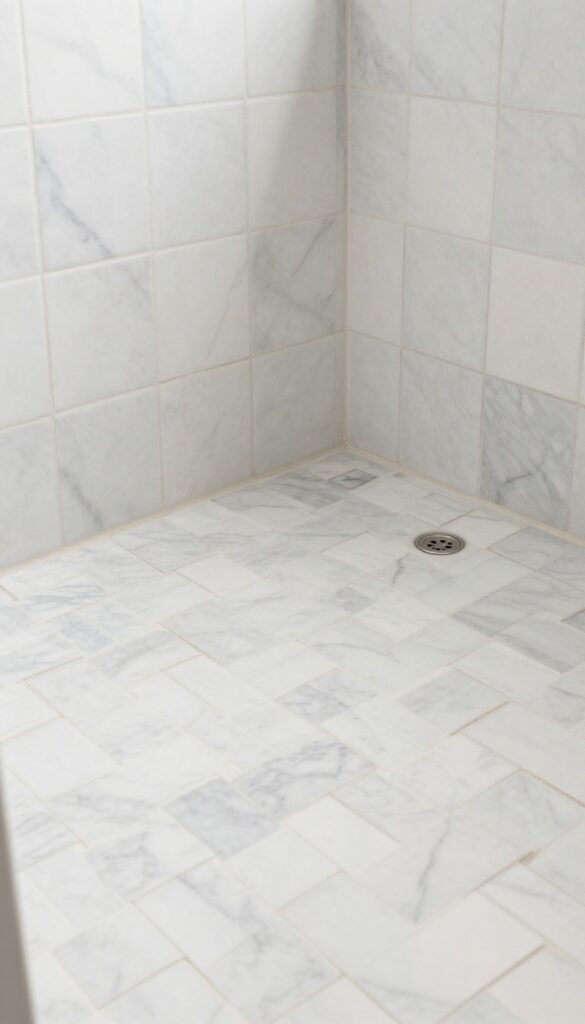 Carrara marble basketweave tile pattern on shower floor and niche
