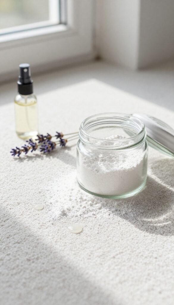 Sprinkling baking soda and essential oil mixture on a clean white carpet for deodorizing