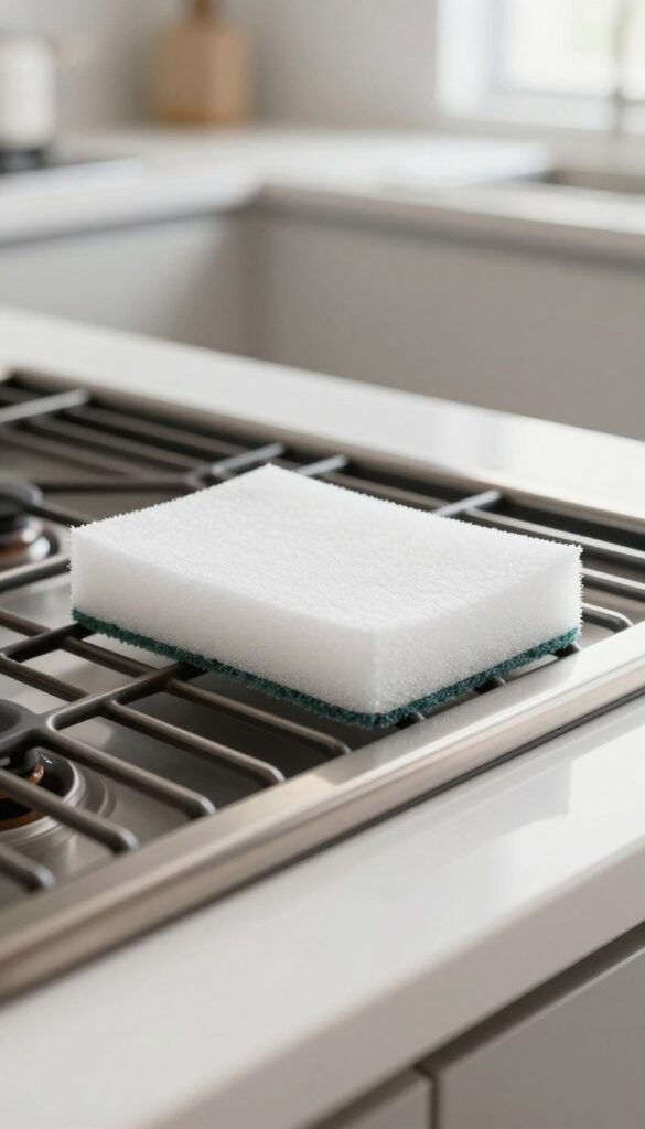 Clean stove grate with a Magic Eraser sponge on a kitchen countertop
