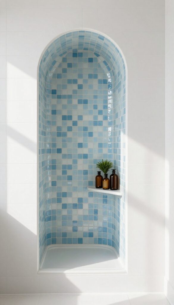 Arched shower niche with Zellige tiles and decorative bottles