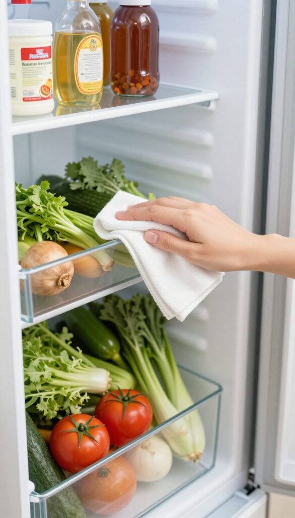 Hand wiping a clean refrigerator shelf with a microfiber cloth, organized fridge interior with fresh produce