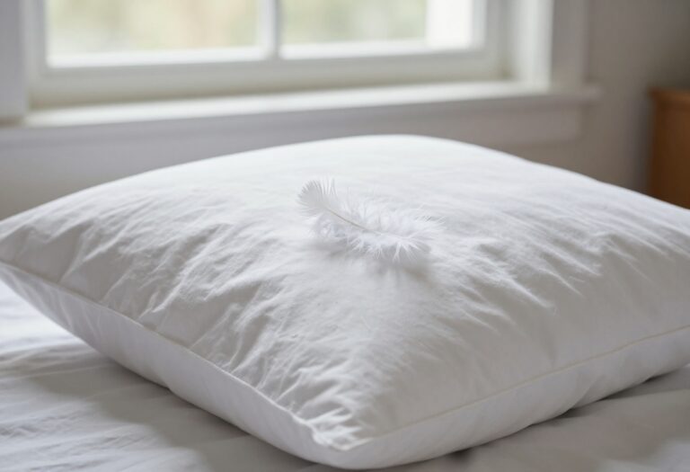 Fluffy white feather pillow on a bed with natural light