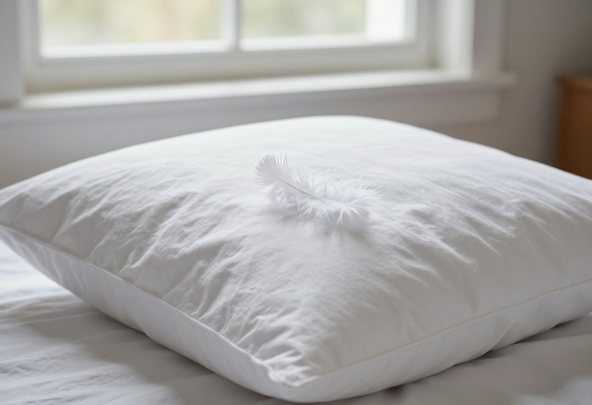 Fluffy white feather pillow on a bed with natural light