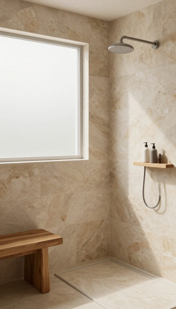 Natural stone tile shower with teak wood accents, warm earthy tones, and soft natural light creating a spa-like atmosphere.