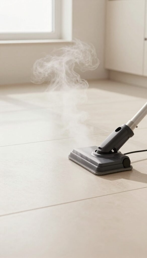 Steam mop sanitizing a sealed tile floor in a bright kitchen