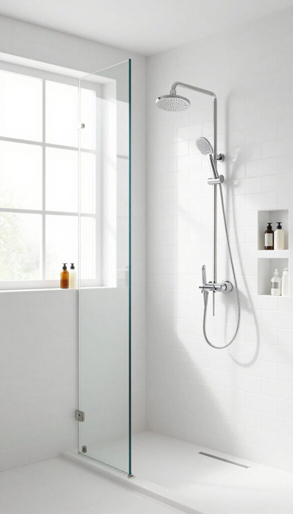 Recessed shelving in a small shower with bottles on display, bright natural light, clean tile walls