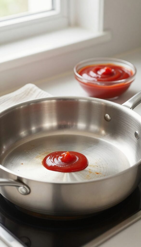 Stainless steel pan with ketchup applied to remove tarnish, kitchen setting