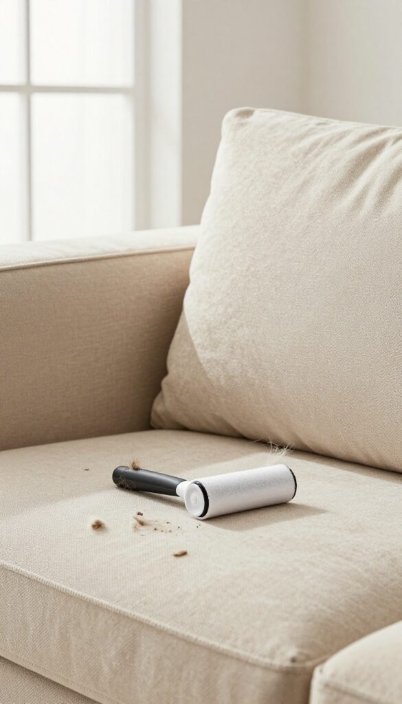 Using a lint roller on a fabric couch to remove pet hair and dust