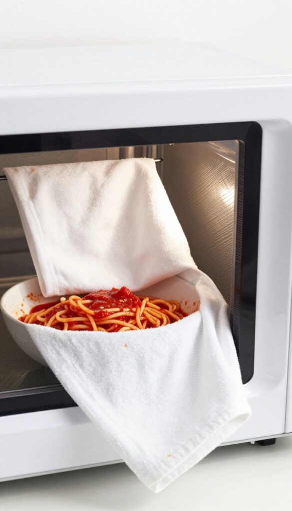 Damp cloth covering a bowl of spaghetti in a microwave to trap splatters
