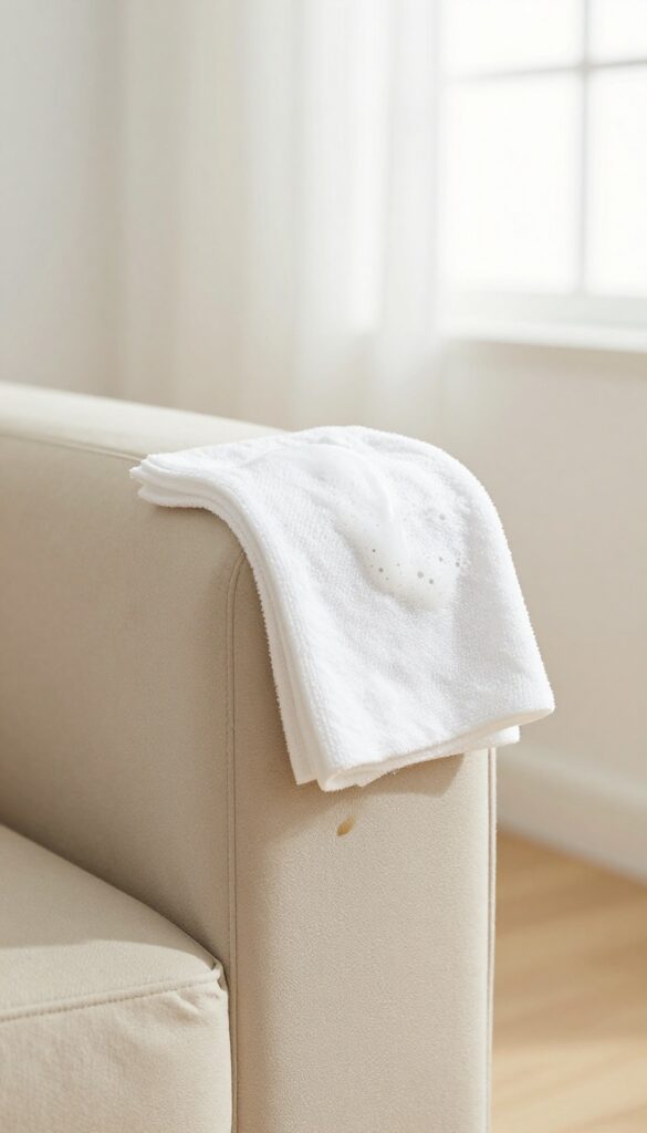 Blotting a grease stain on a beige upholstered chair with a damp cloth and dish soap solution
