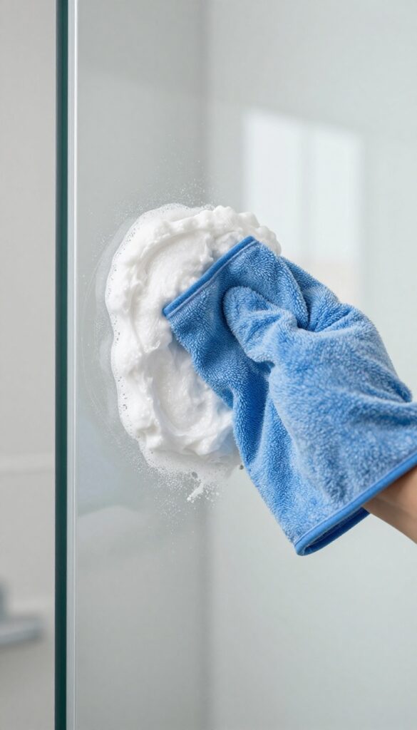 Applying baking soda paste to a stubborn spot on a glass shower door