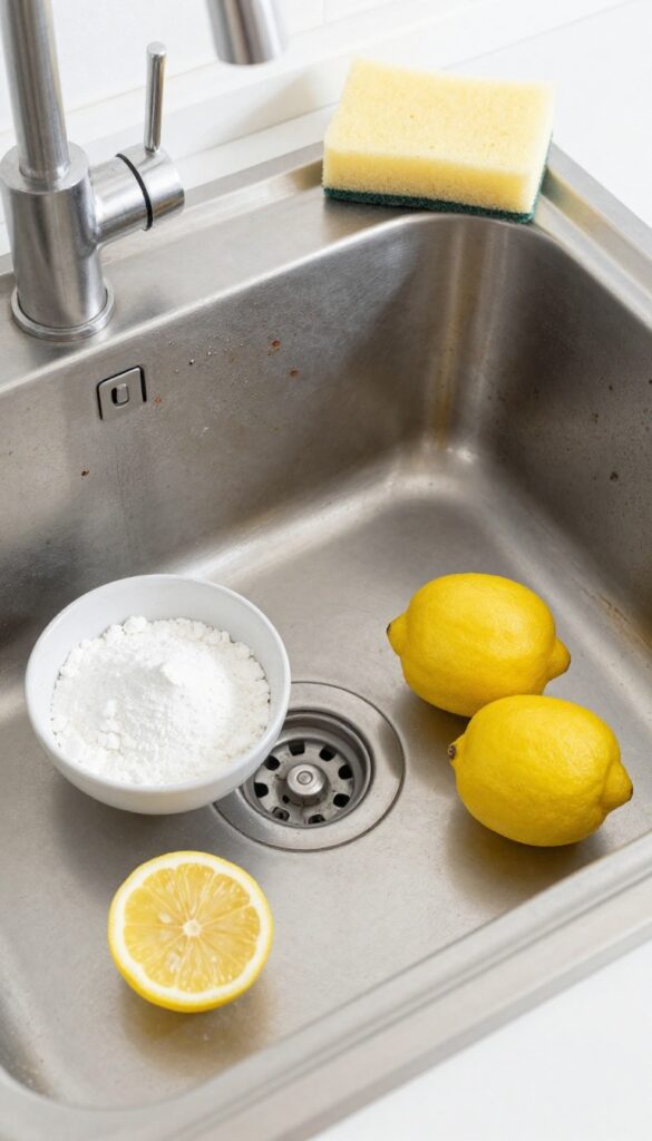 Stainless steel sink with rust stains, cream of tartar, and lemon for cleaning