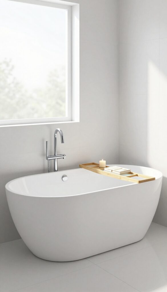 Low-profile bamboo bath tray on a white freestanding bathtub in a bright bathroom with shower overhead