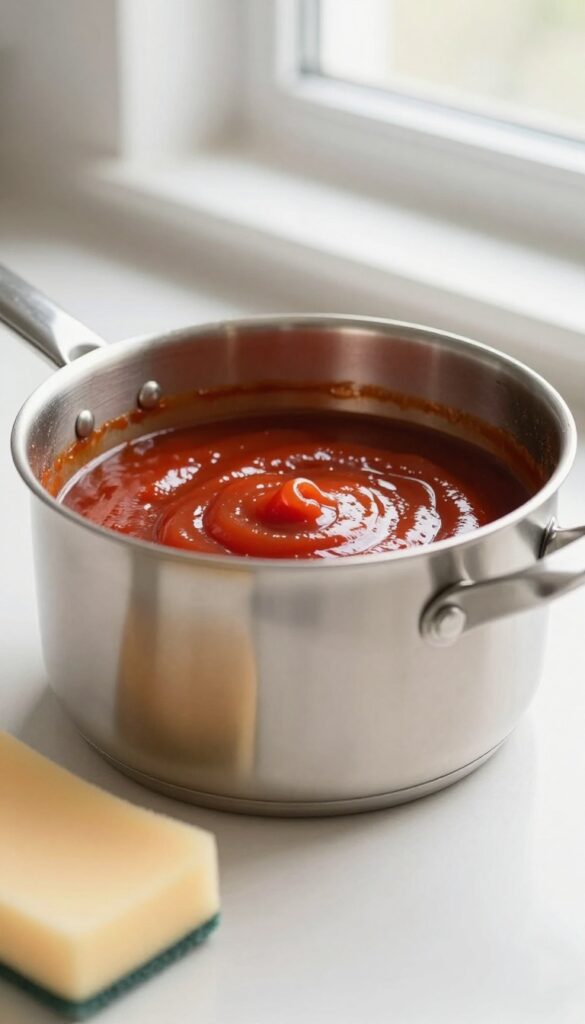 Stainless steel pot with ketchup spread on burnt bottom, soft sponge beside it, bright natural light, clean kitchen background