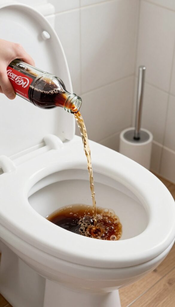 Pouring Coca-Cola into a toilet bowl to remove stubborn stains