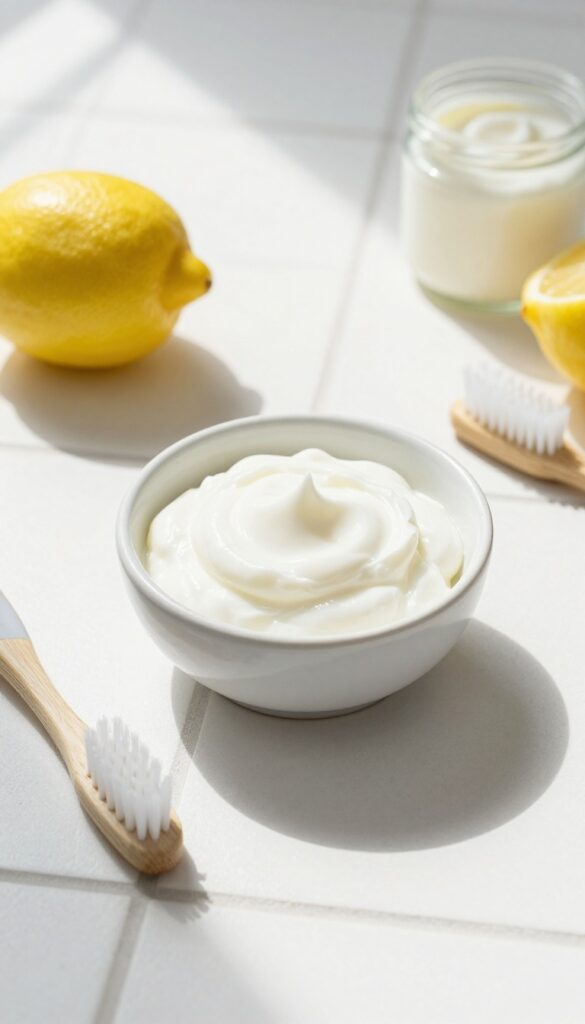 Lemon juice and cream of tartar paste in a bowl with a toothbrush on a clean tile floor