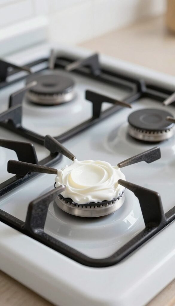 Aluminum stovetop burner covers with cream of tartar paste applied to remove stains