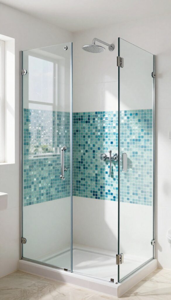 Frameless glass shower with a horizontal mosaic tile accent strip in blue and green, rain showerhead, bright natural light, modern bathroom