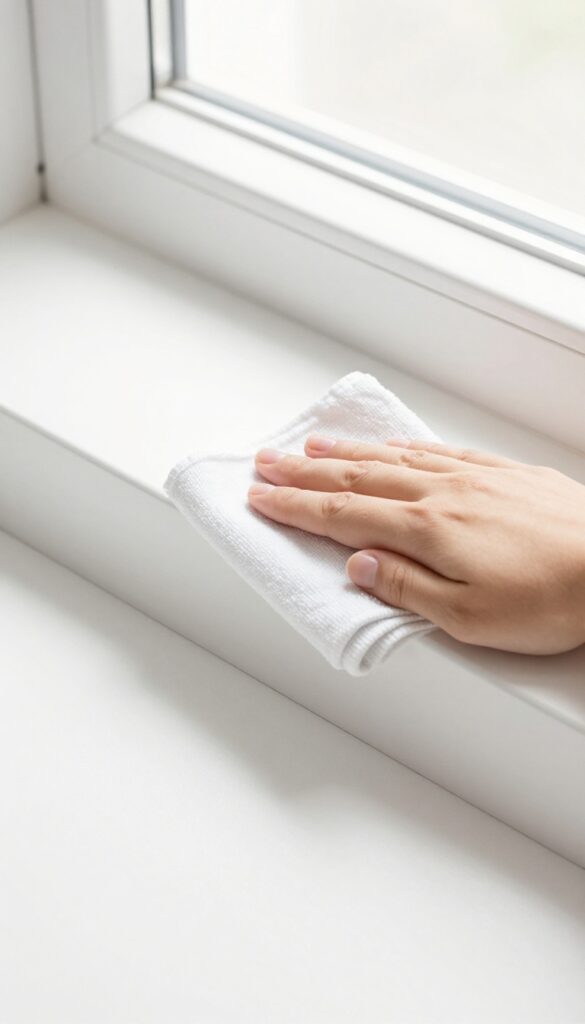 Hand wiping a white baseboard with a damp microfiber cloth in bright natural light, removing a scuff mark.