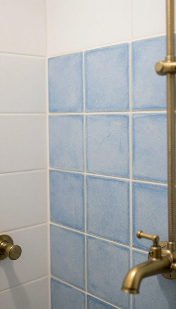 Dusty blue crackle glaze tiles with brass fixtures in a vintage-style bathroom shower